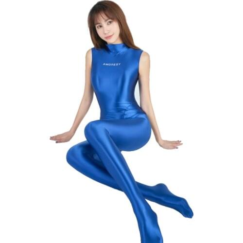 AMORESY Sexy Shiny Sleeveless Full Length Oil Tights Pantyhose Smooth Running Overalls Yoga Casual Sport Jumpsuits Catsuits