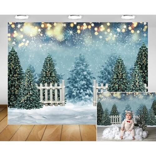 Bokeh Christmas Photography Backdrop for Photo Studio Winter Snowfield Birthday Portrait Background Snow Pine Christmas Trees
