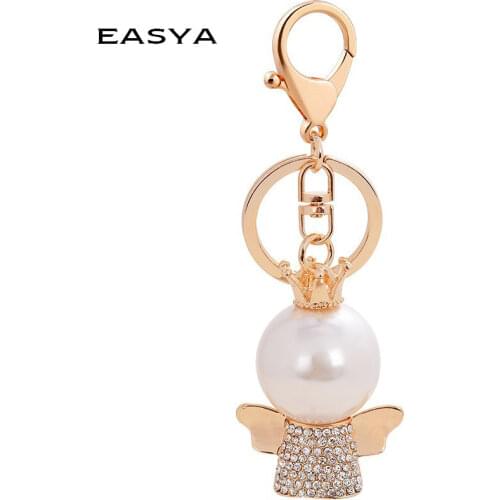 EASYA Pearl Doll Pendant Keychain Crystal Crown Angel Keyring Lovely Figure Key Ring Chain Woman Gift Bag Charm Accessories