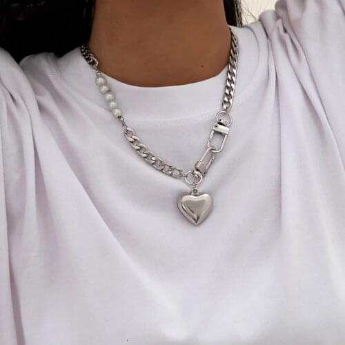Salircon Punk Stainless Steel Heart Pendant Necklace for Women Kpop Steel Ball Lock Key Chain Necklace Gothic Jewelry Gift 2021