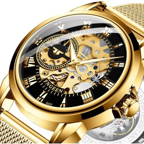 Brand Luxury Golden Hollow Watches Mens Automatic Waterproof Male Wristwatch Stainless Steel Unique Man Watch Vintage Clock Mens