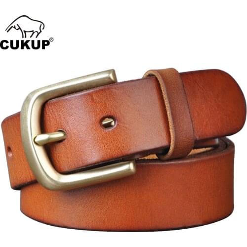 CUKUP Top Quality 100% Pure Cow Cowhide Leather Belts Solid Brass Pin Buckle Metal Belt Retro Styles Accessories for Men NCK1000