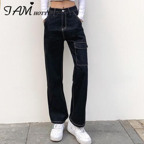 Vintage Pockets Streetwear Black y2k Jeans Women Chic Korean Fashion High Waist Oversize Denim Trousers Gothic Wide Leg Iamhotty