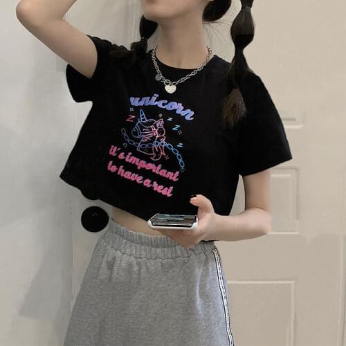 E-girl unicorn Graphic and Letter Print Stitch Black Crop Tops Y2K Summer Grunge Style Short Sleeve women T-shirts goth Harajuku