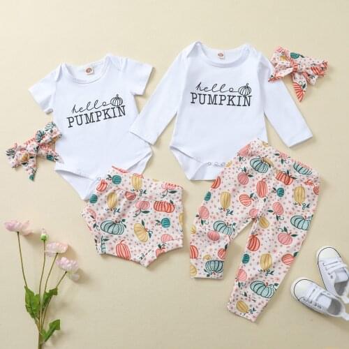 FOCUSNORM 3pcs Lovely Baby Girls Boys Halloween Clothes Sets Letter Long/Short Sleeve Romper Pumpkin Pants Headband 0-24M