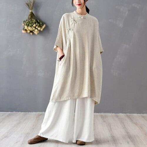 Johnature 2021 Summer Cotton Linen Womens Dresses Loose Vintage Stand Short Sleeve Solid Color Robes Women Dresses