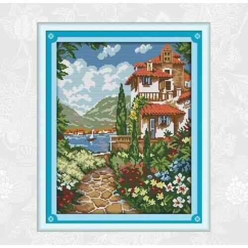 Joy sunday Lakeside mansion Cross-stitch Printed on Canvas DMC DIY Handwork Crafts Cross Stitch Embroidery kits Needlework Sets
