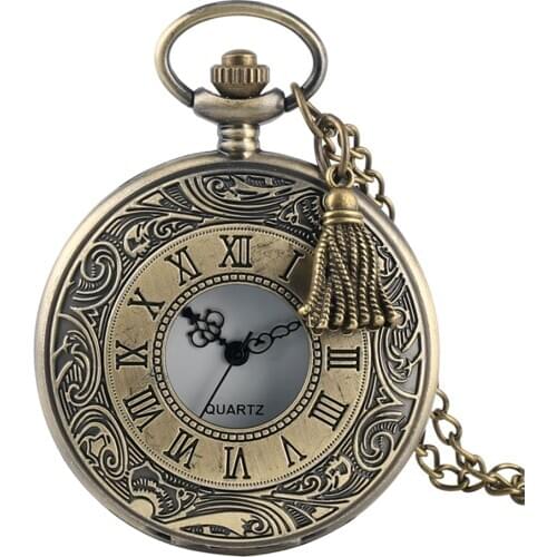 Hollow Roman Number Pocket Watch Vintage Alloy Steampunk Bronze Pendant Necklace Chain Quartz Pocket Watch with Tassel Accessory