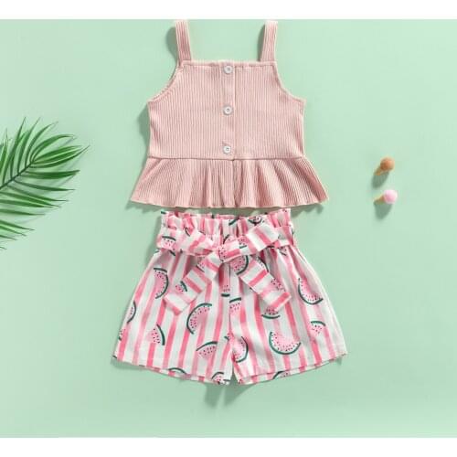 Baby Girls Clothes Set Solid Color Sleeveless Square Collar Sling Tops Watermelon Print Short Pants Outfits