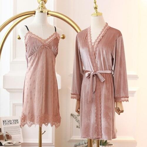 Lace 2PCS Robe Set Lady Velour Nightwear Full Slip Kimono Bathrobe Gown Sleep Suit Strap Nightdress Sexy Lingerie Loungewear