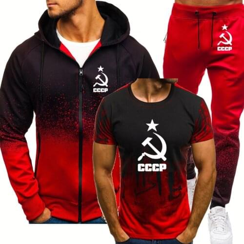 Spring Autumn Mens suits Unique CCCP Russian USSR Soviet Union high quality Cotton Mens sweatshirt+sweatpants 3-piece set
