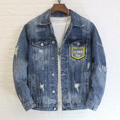 Boy Friend Style Funny Patch Designs Mens Cowboy Coats Single Breasted Lapel Casual Streetwear Denim Jackets Plus Szie M-XXXL