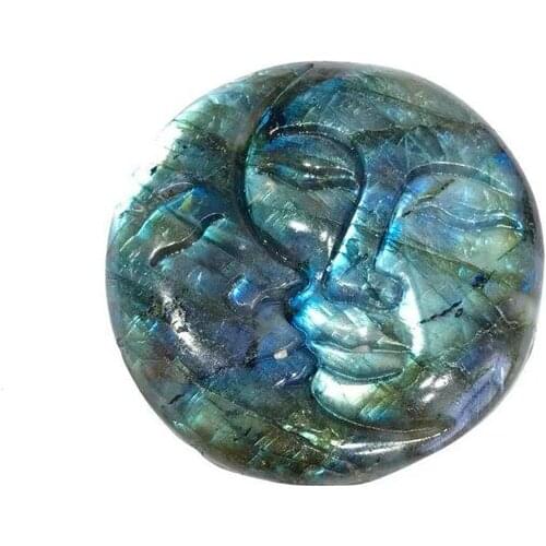 Hand Carved Natural blue Flash Labradorite Plam Stone Sun And Moon Face Carving 1 order