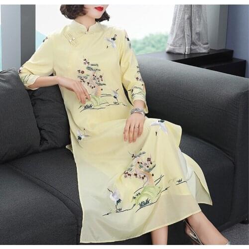 New autumn original Chinese tea style crane Embroidered big size mandarin collar button Cheongsam loosen dress for women