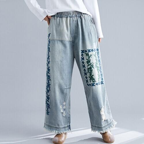 New 2021 Spring Chinese Fashion Ladies Vintage Embroidery Jeans Women Floral Denim Trousers Loose Wide Leg Pants Plus Size 11551