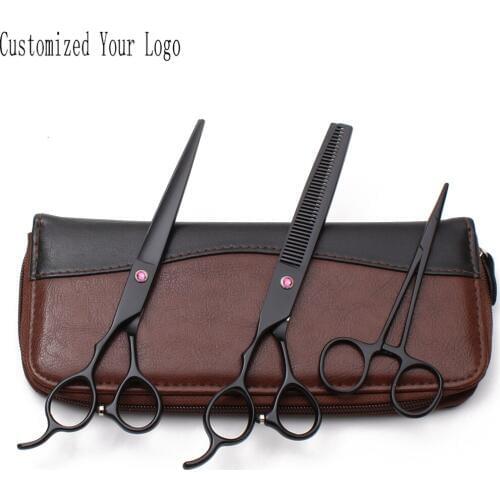Left Hand 7" Engraving Logo 440C Black Color Straight Shears Thinning Scissors Professional Pet Scissors Dog Grooming Kit C8001