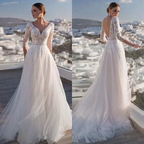Tulle Sweep Train Backless A-line Wedding Dresses V-neck Sleeve Applique Bridal Gowns Beadding Vestido De Noiva Свадебное Платье