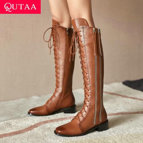 QUTAA 2021 Lace Up Zipper Knee High Boots Square Toe Fashion Women Shoes Autumn Winter Square Heel Long Boots Size 34-40