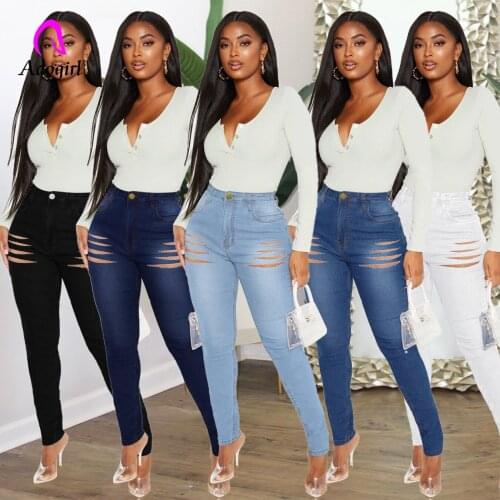 Ripped Women Jeans Distressed High Waist Zipper Fly Denim Pencil Pants 2021 Summer Skinny Activewear Hole Trousers Plus Size