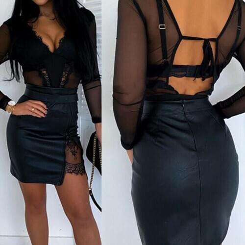 Womens Sexy Bandage PU Leather Lace Mini Skirt Ladies High Waist Zipper Pencil Skirts