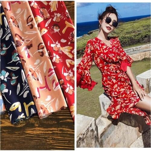Spring and summer womens clothing fabric thin soft red printed floral chiffon print / 1 m