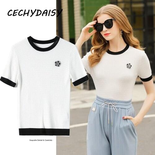 High Street Vintage Knitted Sweater Pullovers O-Neck Short Sleeve Beading Elegant Slim Y2k Traf Tops Kawaii Clothes Pull Femme