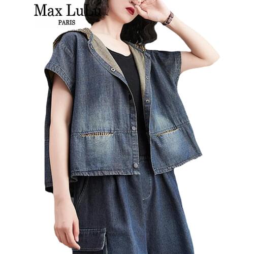 Max LuLu 2021 Summer European Style Ladies Denim Hooded Jackets Women Short Sleeve Casual Coats Girls Plaid Clothing Plus Size