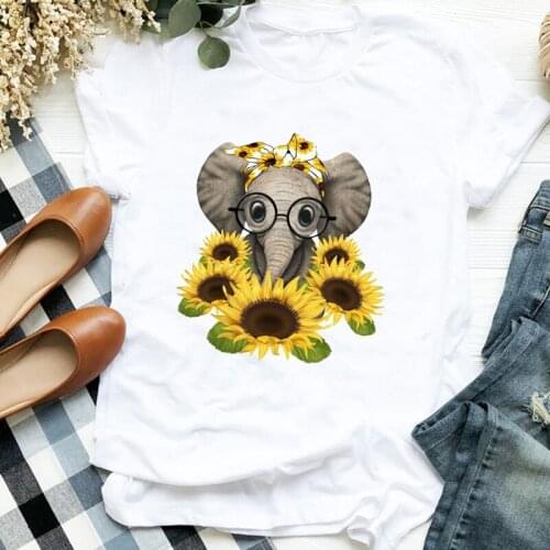 Women Lady Elephant Sunflower Floral Casual 90s Printing Print Tshirt Female T Tee Womens Shirt Clothes Top Graphic T-shirt
