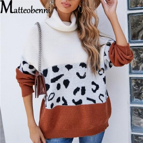 2021 Autumn Women Urban Casual High Collar Long Sleeve Print Stitching Leopard Print Lazy Style Large Size Loose Fashion Sweater