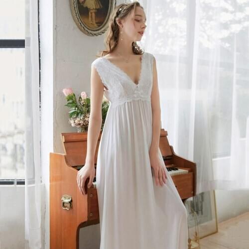 Deep V Woman Long Dress Vintage White Summer Clothes For Women Princess Lace Dressing Gown Sweet Home Wear 2021 Phoentin FG328