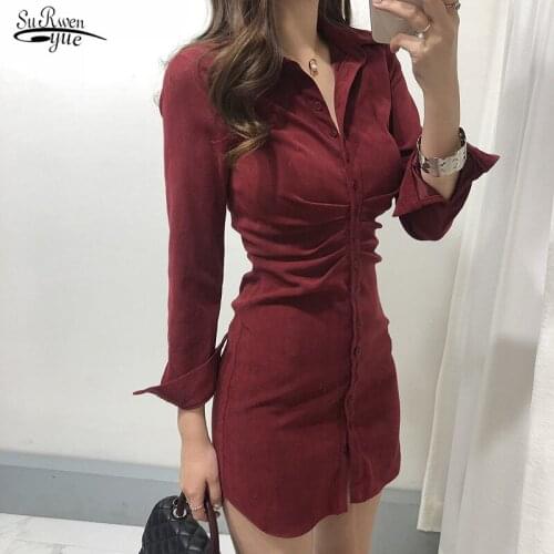 Fashion New Women Solid Color Pleat Shirt Dress Office Lady Short Sleeve Casual Slim Breasted Vestido Chic Velvet Dresses 12924