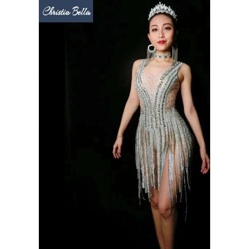 Christia Bella Luxury Silver Crystal Tassel Dress Women See Through Bodysuits Nightclub DJ Singer Sexy Dress Pole Dance Leotard