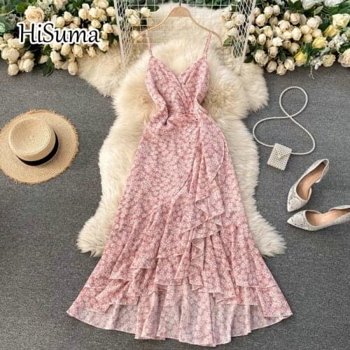 2021 summer new women strap v-neck flower print ruffles chiffon A-line dress female Chic elegant irregular fishtail dresses