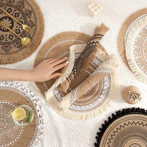 1pcs Placemat Embroidery Tablemat with Tassel Heat Resistant Kitchen Cup Mat Cotton Linen Cup Pad Retro Table Decor