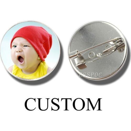 1pc Custom Round Photo Text Brooch Badge Alloy Women Glass Cabochon Brooches Pins Diy Your Family Name Logo