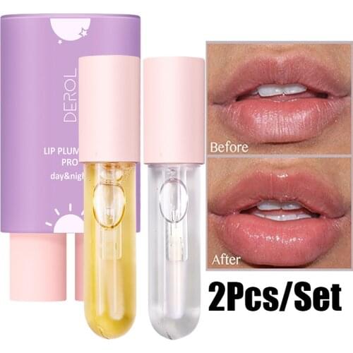 2Pcs Day Night Lip Plumper Oil Moisturizing Repairing Reduce Lip Fine Line Cosmetic Sexy Clear Lip Gloss Makeup Cosmetic