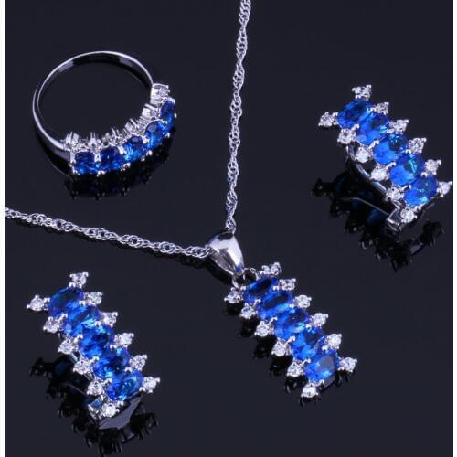 Angelic Blue Cubic Zirconia White CZ Silver Plated Jewelry Sets Earrings Pendant Chain Ring V0302
