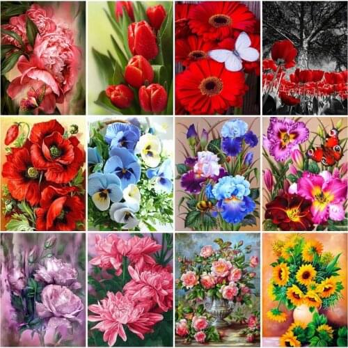 AZQSD Full Square Diamond Painting Rose Lily Daisy Cross Stitch Rhinestones Diamond Embroidery Flower Mosaic Handmade Home Decor