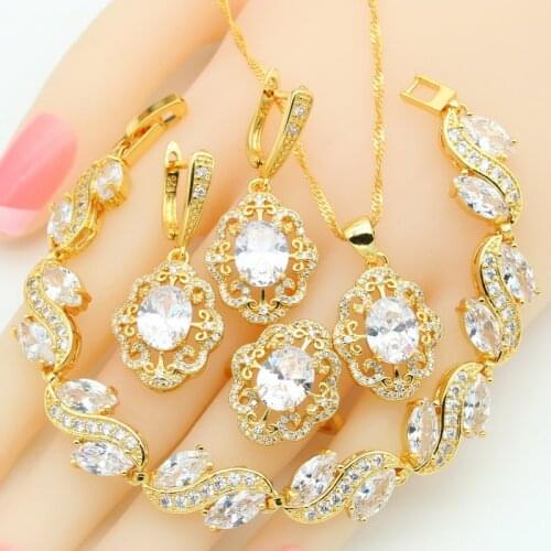 White Zirconia Bridal Jewelry Sets For Women Gold Color Earrings Necklace Pendant Bracelet Rings Birthday Gift