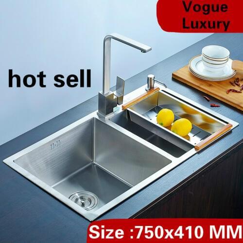 Free shipping Vogue small kitchen manual sink double groove common wash vegetable 304 stainless steel 75x41 CM