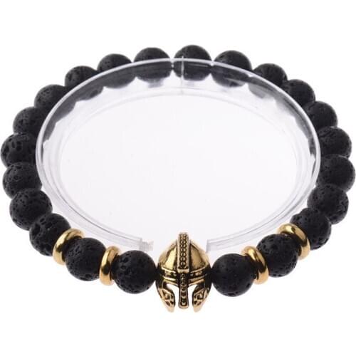 Fashion charm bracelet men Spartan Warrior Helmet lava stone beaded bracelet for men women simple Jewelry Pulseira hombres