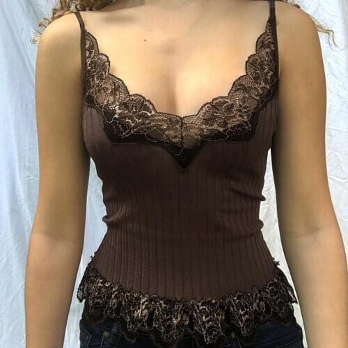 Camisole Lace Crop Top Blouse Tank Top Patchwork Sleeveless Women Deep VNeck Knitwear Vest Tank Top for Party Slim Halter Blouse