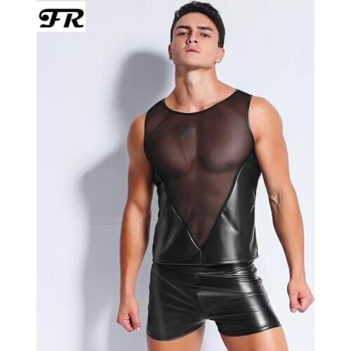 FR Mens Sexy Mesh Faux Leather Patchwork Tank Tops,Mens Vest,With Mens Underwear