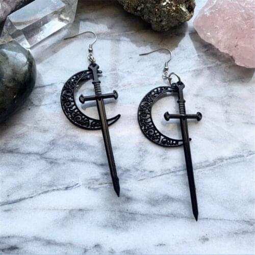Gothic Black Moon Sword Earrings Black Sword Classic Eardrop Big Fashion Punk Statement Jewellery Charm Women Men Gift Mystical