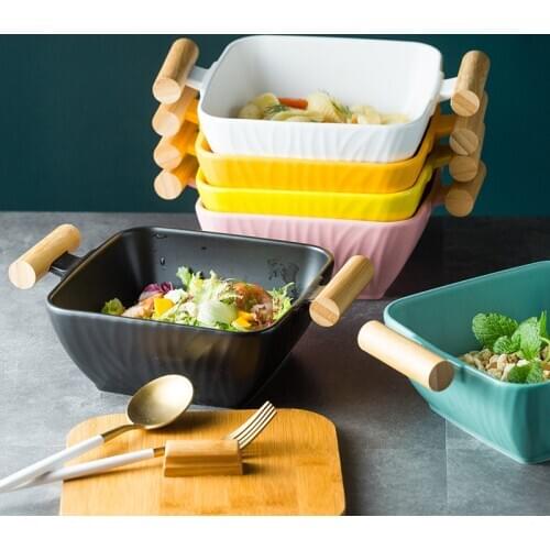 Ceramic Large Bowl With Wood Handle Insulate Heat Noodle Soup Fruit Salad Bowl With Lid Home Kitchen Bowl Tableware Wholesale