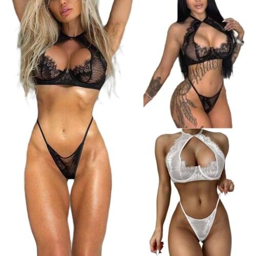 2Pcs Women Lingerie Set Lace Halter Neck Hollow-Out Strappy Bra Low-Waist G-Strings for Girls White Black