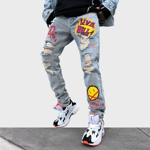 Aolamegs Jeans Men Punk Cool Graffiti Denim Pants Men Broken Hole Trousers Cute Letter Print Jeans High Street Casual Streetwear