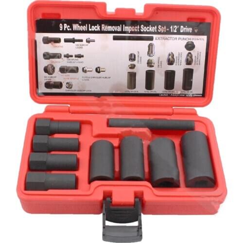 9pc wheel lock removal impact socket set / hub cap remover rep-lacer - 1/2" drive