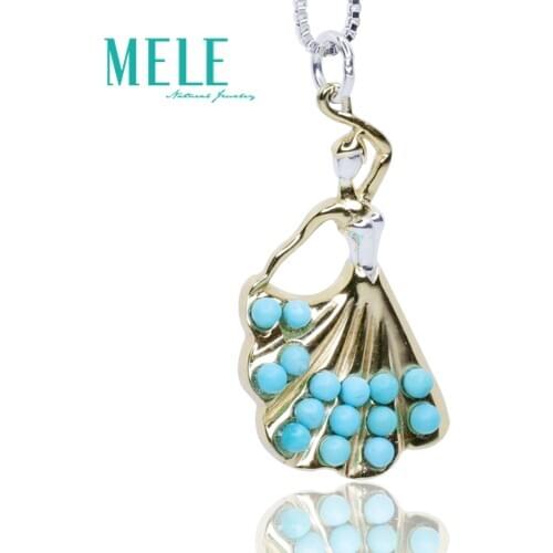 Natural Turquoise Girl dance Little skirt Mosaic gem Pendant 925 silver jewelry Pendant necklace