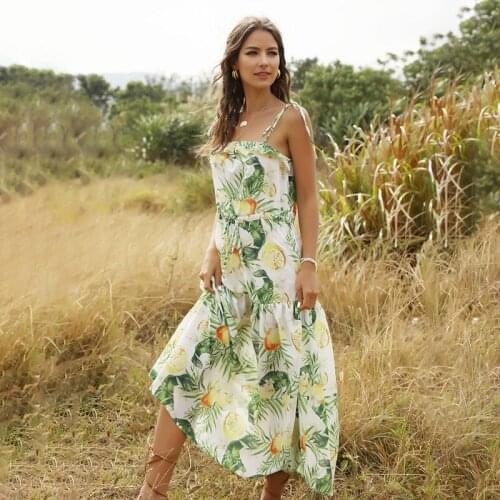 Summer Boho Blackless Slip Dress Women Vintage Floral Print Beach Ruffle Off Shoulder Maxi Dresses Sundress Robe Vestidos Ds141